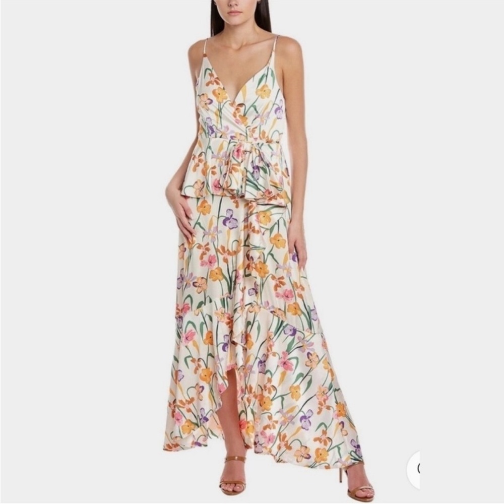 Hutch NWT Hollis Floral Satin Wrap Maxi V Neck Dress in Ivory Ruffle Size XL‎